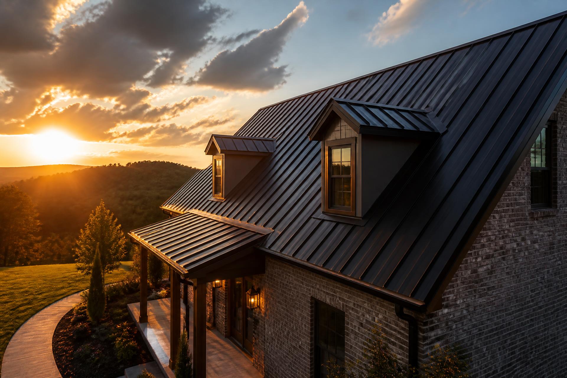 New standing seam metal roof on a Tennessee home at sunset